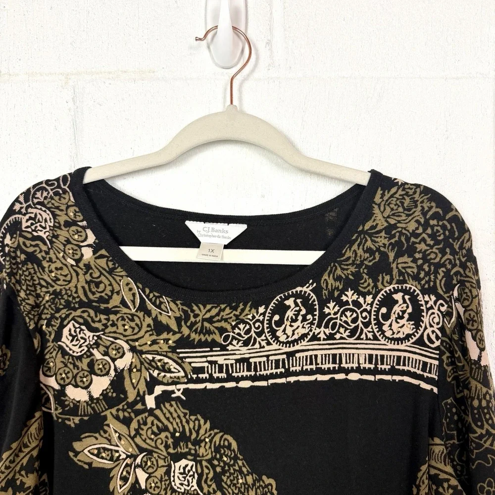 CJ Banks Tunic Black Tan Paisley Floral Beaded Artsy Eclectic Office Bohemian 1X - Picture 2 of 14